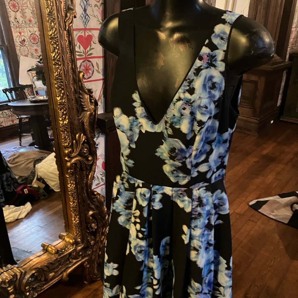 Bebe Black Dress with Blue Floral Design